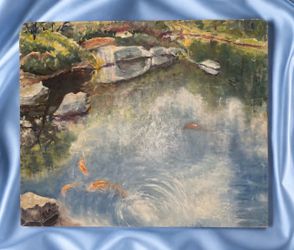 Original Fine Art Vintage Koi Fish Pond Impressionist Painting Artist Signed 24” HAND PAINTED Landscape Claude Monet Inspired Collectible HILLCREST