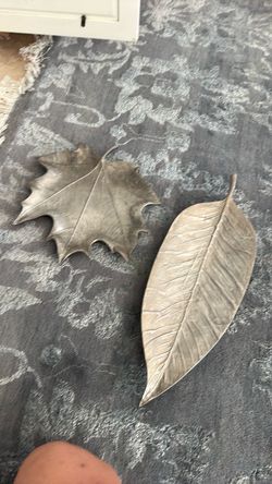 Silver Metal Leaf Decorative Trays Set of 2
