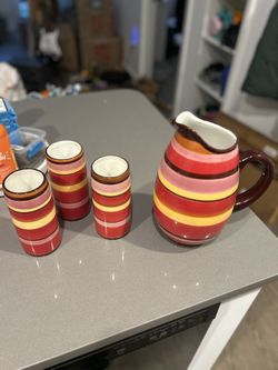 DesignPac Hand Painted Ceramic MultiColor Stripe Pitcher