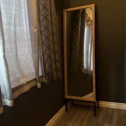 20" x 66" Oak and Metal Modern Floor Mirror