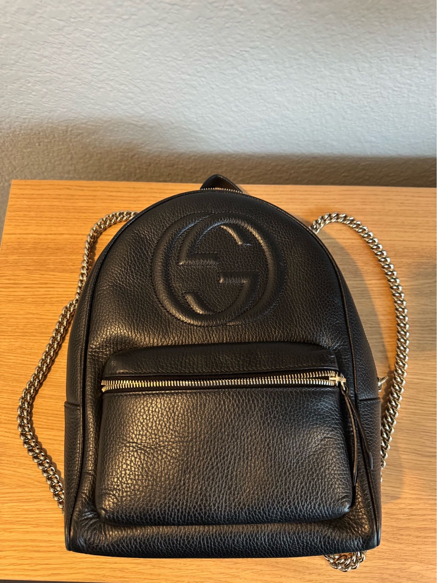 GUCCI Pebbled Calfskin Soho Chain Backpack Black