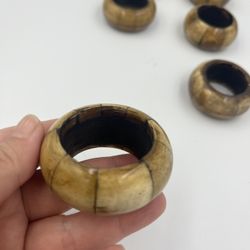 Vintage Hand carved Bamboo Wood and Camel Bone Inlay Set of Napkin Rings