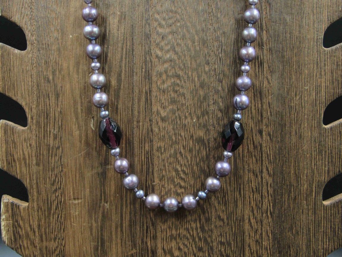 24" Sterling Silver Purple Pearls And Deep Red Glass Necklace Vintage