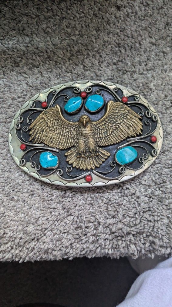 Solid Silver / Bronze Embellished Thunderbird Belt Buckle with Turquoise & Coral