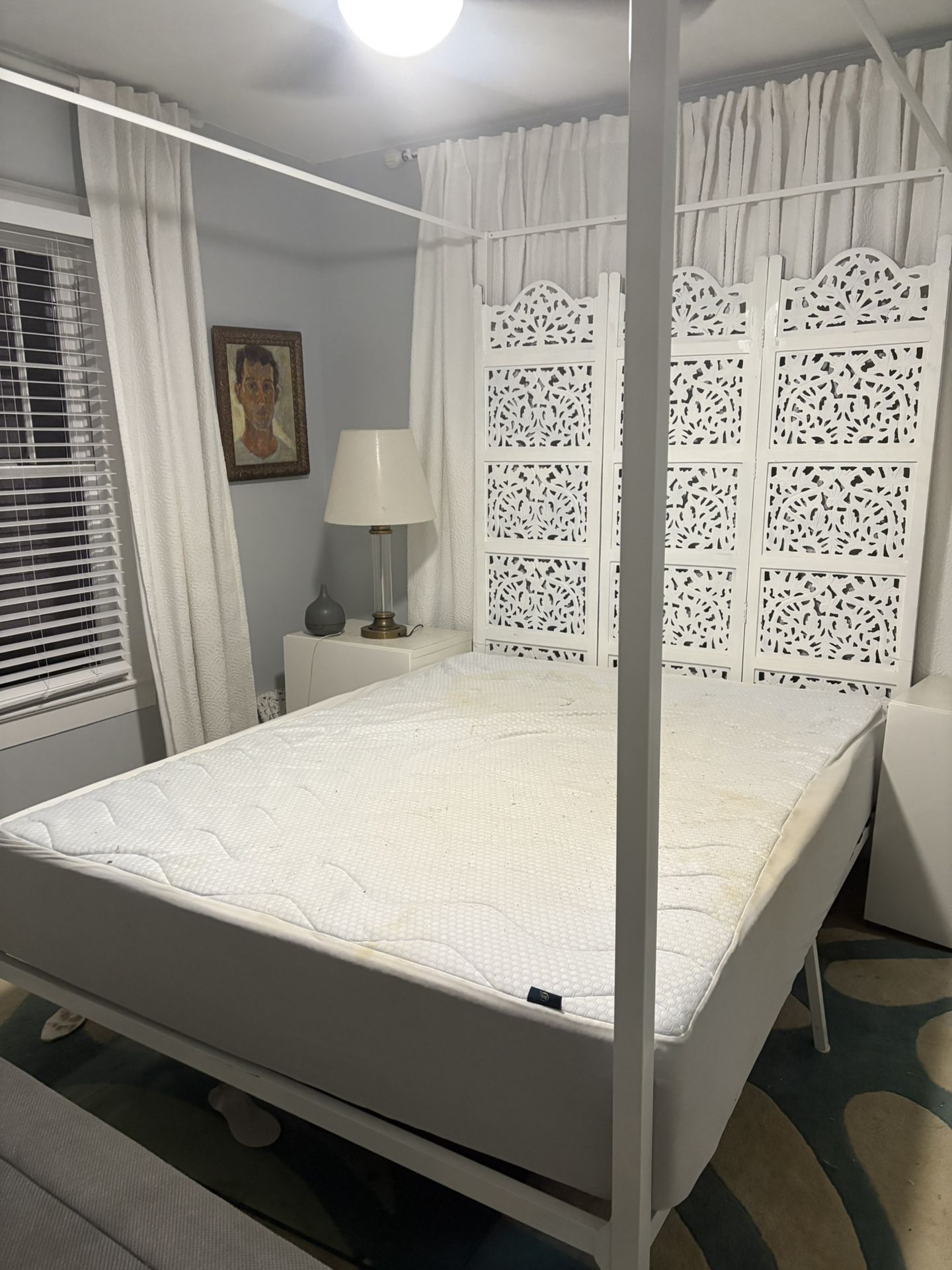 Bedroom Set canopy, bed, wood carving headboard, IKEA lacquer night tables 2 glass and brass lamps