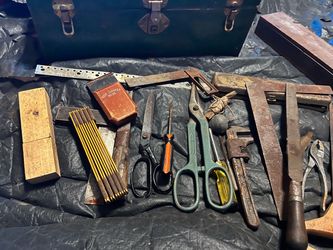 Vintage green metal tool box,  weights c wrenches,  saw,  pig poker, branding iron, mallot, wooden box of ms