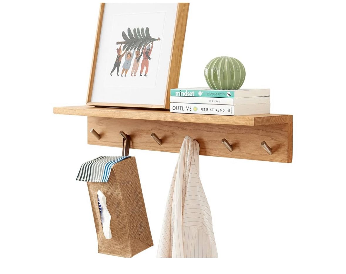 Wall Hooks with Shelf Oak Wood Coat Rack Shelf Wall Mounted, Entryway Shelves with 6 Metal Hangers for Clothes Hats Towel for Bathroom, Bedroom, Livin