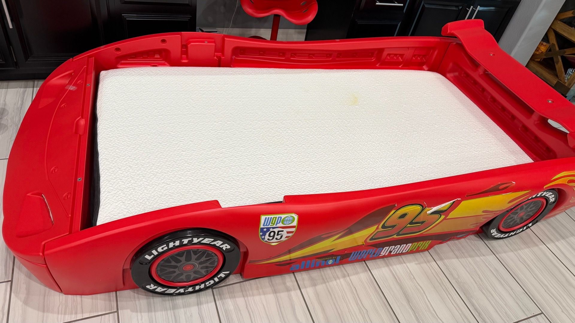 Lightning McQueen Twin Bed Frame, Mattress, and sheets