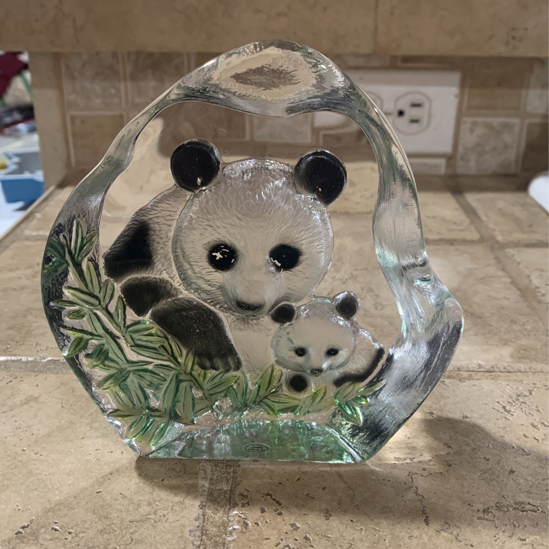 ART GLASS MOM CUB PANDA BEAR 🐼 PAPERWEIGHT SCULPTURE FIGURINE 4" TALL VINTAGE