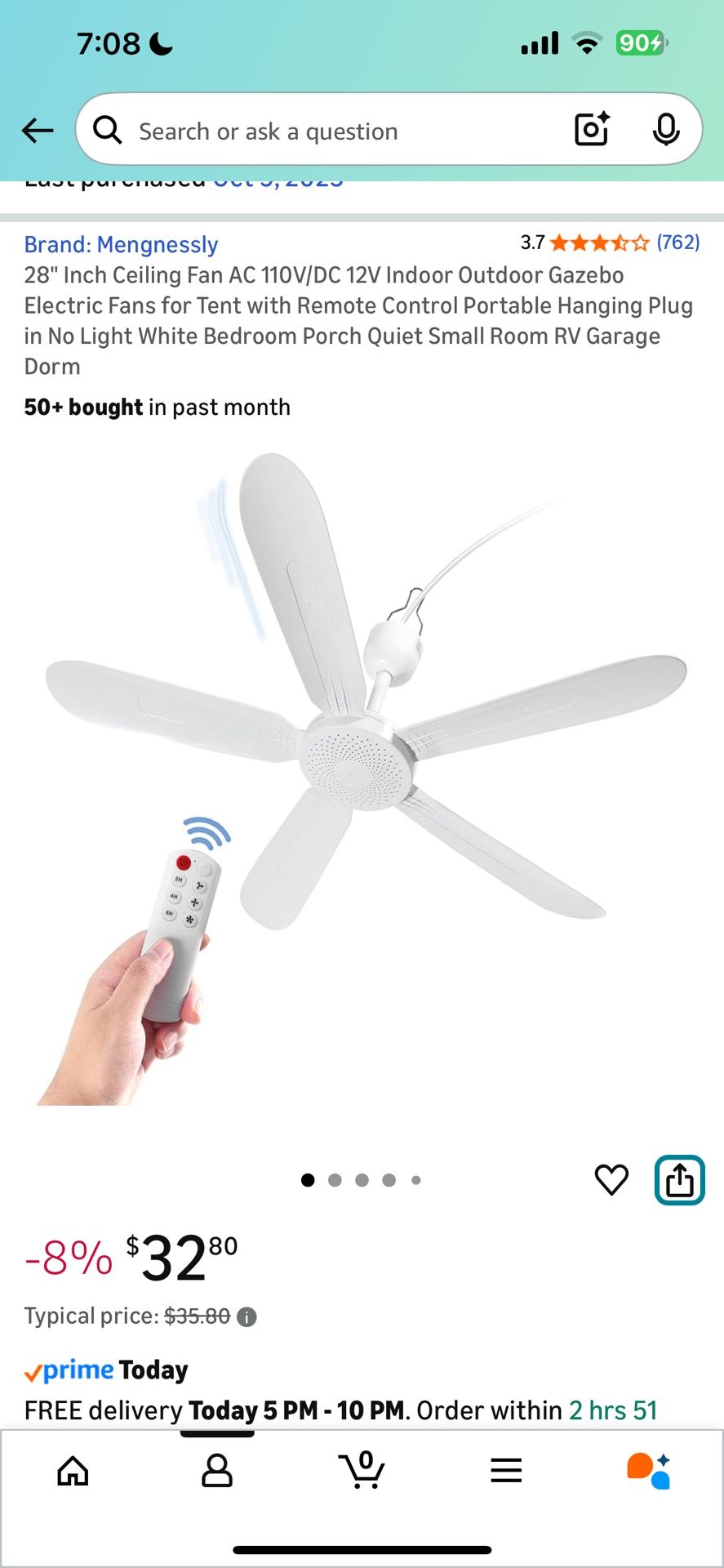 28" Inch Ceiling Fan AC 110V/DC 12V Indoor Outdoor Gazebo Electric Fans for Tent with Remote Control Portable Hanging Plug in No Light White Bedroom P