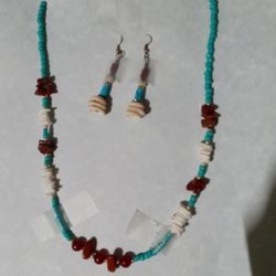 Shell Turquoise And Coral Necklace And Earrings
