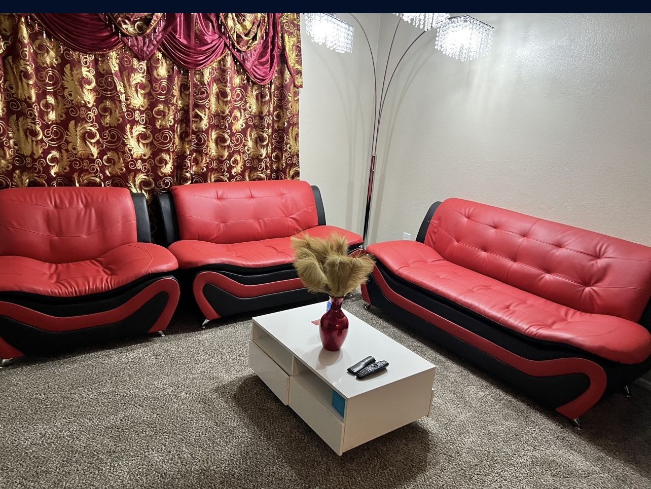 Black/Red Faux Leather 3 Piece Faux Leather Living Room Set