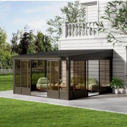 12 ft. x 14 ft. Wall-Mounted Four-Season Solarium with Sliding Glass Doors for Outdoor Living & Patio Enclosure