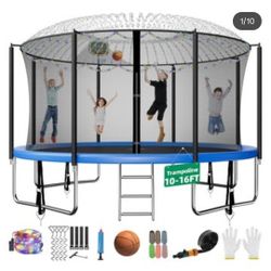 FIZITI 12FT 1000LBS Trampoline for Adults/Kids,Outdoor Trampoline with Enclosure Net,Basketball Hoop,Sprinkler,LED Light,Socks,Wind Stakes,Ladder,Recr