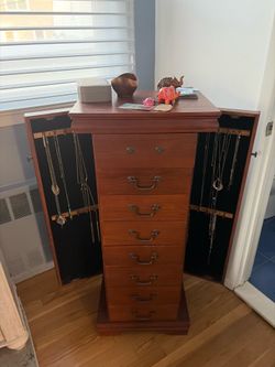 Solid Wood Jewelry Armoire Chest with Necklace Storage & Drawers