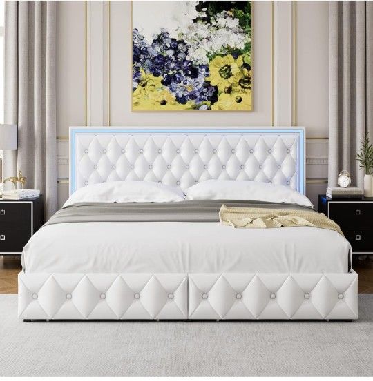 Queen Upholstered LED Bed Frame with 4 Drawers, Pu Leather Platform Storage Bed