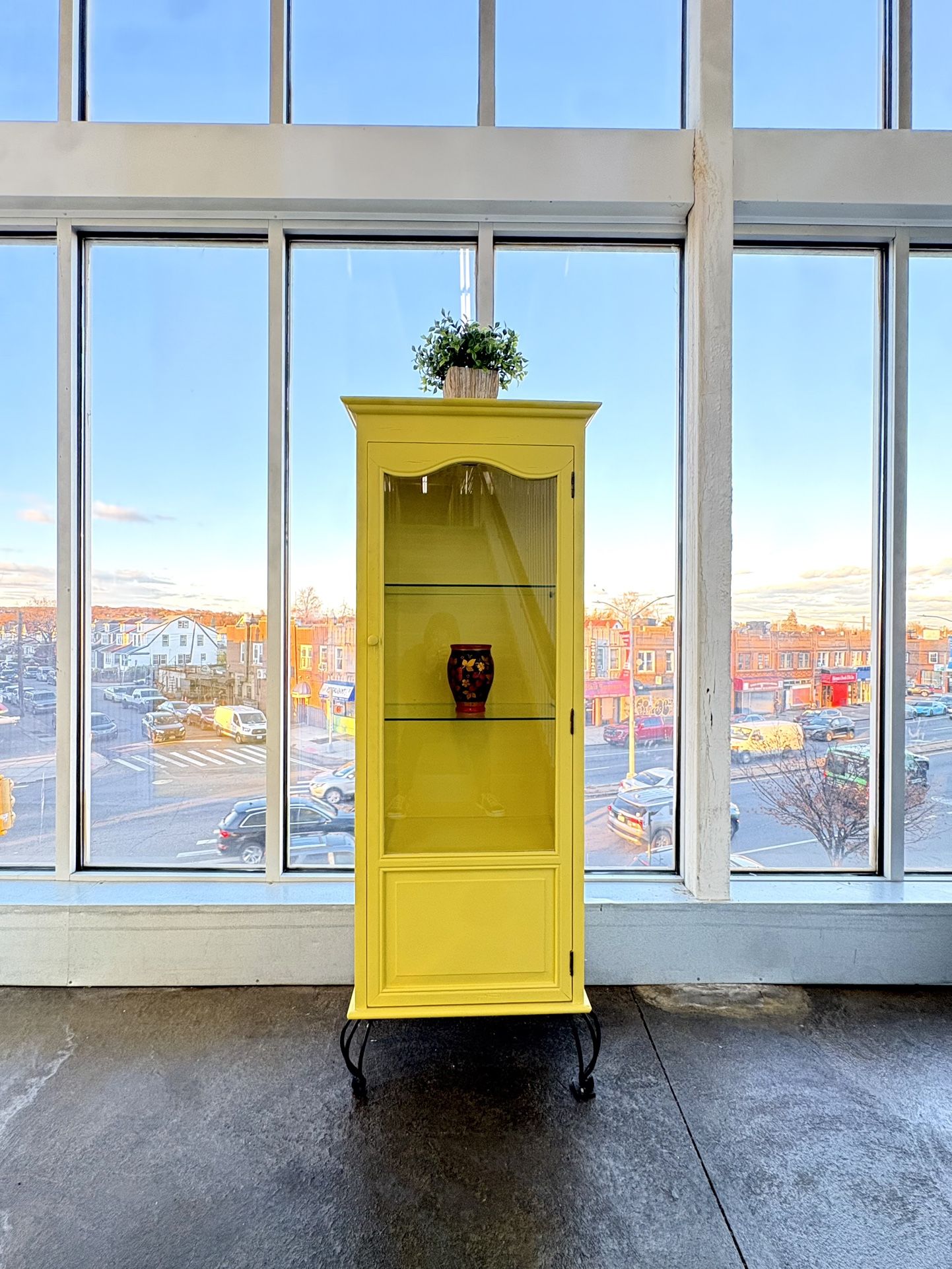 Vintage Traditional Yellow Glass Wood Display Cabinet Storage