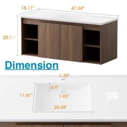 🥨Deep Wood Grain 48 in. Single Sink Floating Bath Vanity with White Resin Top, 2-Soft-Closing Doors and 4-Shelves