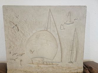 Sandstone Sailboat Wall Art 26" Nautical Seascape Birds Heavy Relief Panel