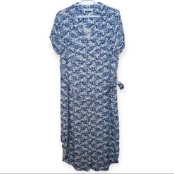 Sonoma Blue White Button Front Tie Waist Short Sleeve Dress Women Large