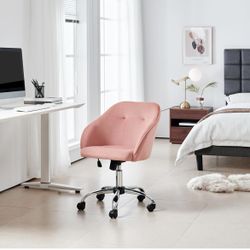 Pink Office Chair Small Cute Vanity Chair with Back Wheels Velvet Swivel Rolling Desk Computer Armchair for Bedroom Living Room
