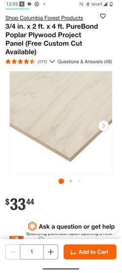 Columbia Forest Products 3/4 in. x 2 ft. x 4 ft. PureBond Poplar
Plywood Project Panel (Free Custom Cut Available)