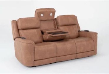 Zachary Saddle Brown 87.5” Power Zero Gravity Drop Down Table Sofa