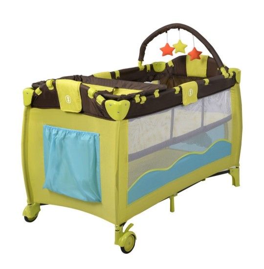 Baby Crib Playpen Playard Pack Travel Infant Bassinet Bed Foldable Green (See DESCRIPTION!) 