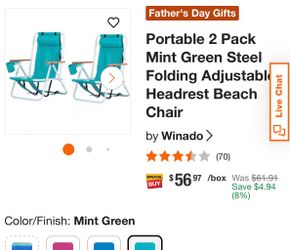 Portable 2 Pack Mint Green Steel Folding Adjustable Headrest Beach Chair