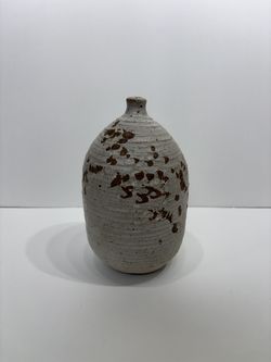 Studio Pottery Stoneware Bottle Vase 7” Speckled Brown Cream MCM-Vintage Signed