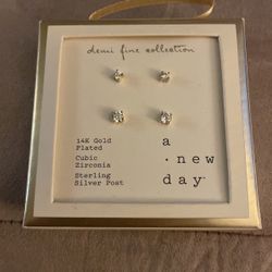 $5 Earrings 14K Gold Plated Cubic Zirconia Sterling Silver Post Brand New