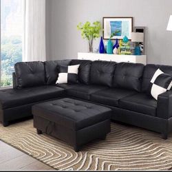 Black Sectional Sofa With Storage Ottoman Brand New