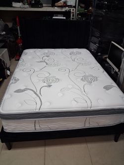 Full size bed frame black velvet fabric with 12" pillowtop innerspring mattress
