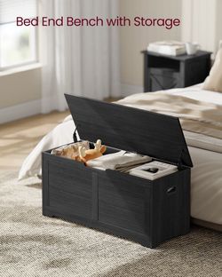 Storage Chest, 39.4 Inches Width Bench with 2 Safety Hinges Farmhouse Style, for Entryway, Bedroom, Living Room, Charcoal Gray, SOFIE Collection ULSB0