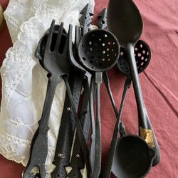 Two Sets Of Vintage Cast Iron Kitchen Utensils 