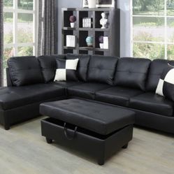 Black Leather Sectional Couch and Ottoman