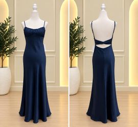 Navy Blue Satin Ruched Bust Open-Back Elegant Dress