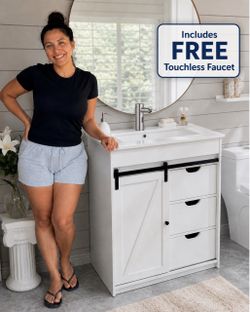 30 in. Single Sink Freestanding Antique Oak Bath Vanity with White Ceramic Top and Sliding Barn Door Unassembled