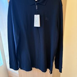 Black Burberry Men’s Polo Long-Sleeve Polo Shirt With Equesterian Knight Design Embroidery Size XL 