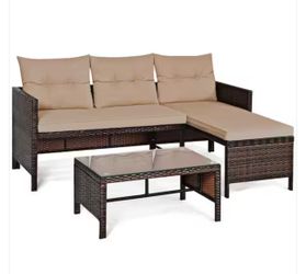 New in the box 3-Piece Plastic Wicker Patio Conversation Sectional Seating Set with Brown Cushion(E451)