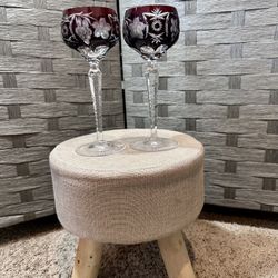 Set of 2 Beautiful Rare Vintage Red Long Stem Cut Crystal Wine Glasses