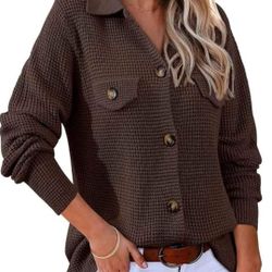 NEW! Waffle Knit Shacket Jacket, Long Sleeve,  Button Down, Coffee Color, Size Large