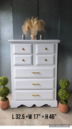 Dresser chest tv media table refinished white and gold pulls