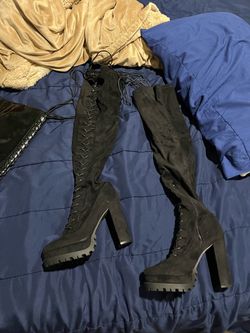 Suede lace thigh high heel boots