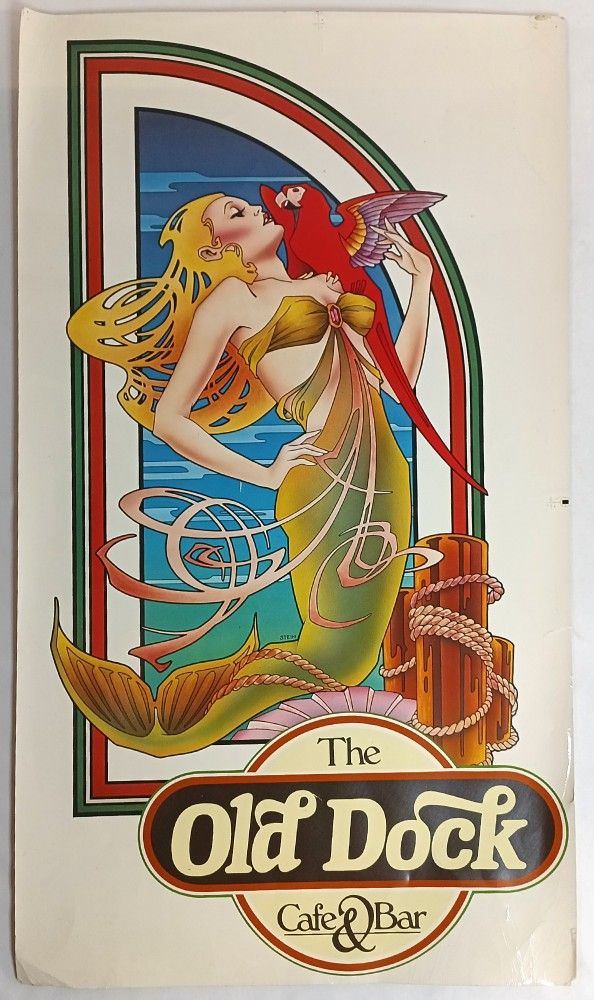 Vintage The Old Dock Cafe Large Laminated Poster Art Nouveau San Diego, Ca