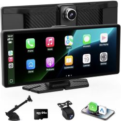 10.26 inch Portable Car Play & Android Auto Touch Screen,4K Front & 1080P Rear Backup Camera
