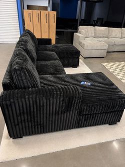 Black Fluffy Corduroy U-Shape Sectional Sofa Couch