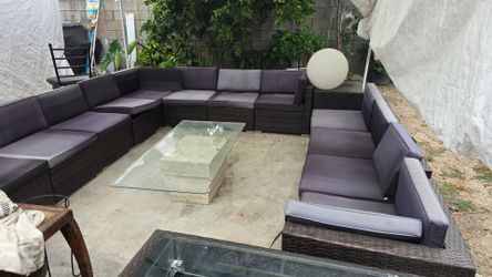 Large Outdoor Wicker Sectional Set with Fire Pit Table