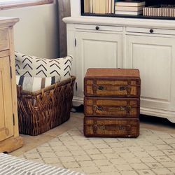 Rattan/Leather 3 Drawer Faux Suitcase Side Table