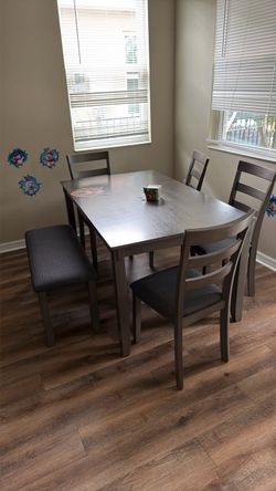 Gray Dining Table Set with Chairs and Bench
